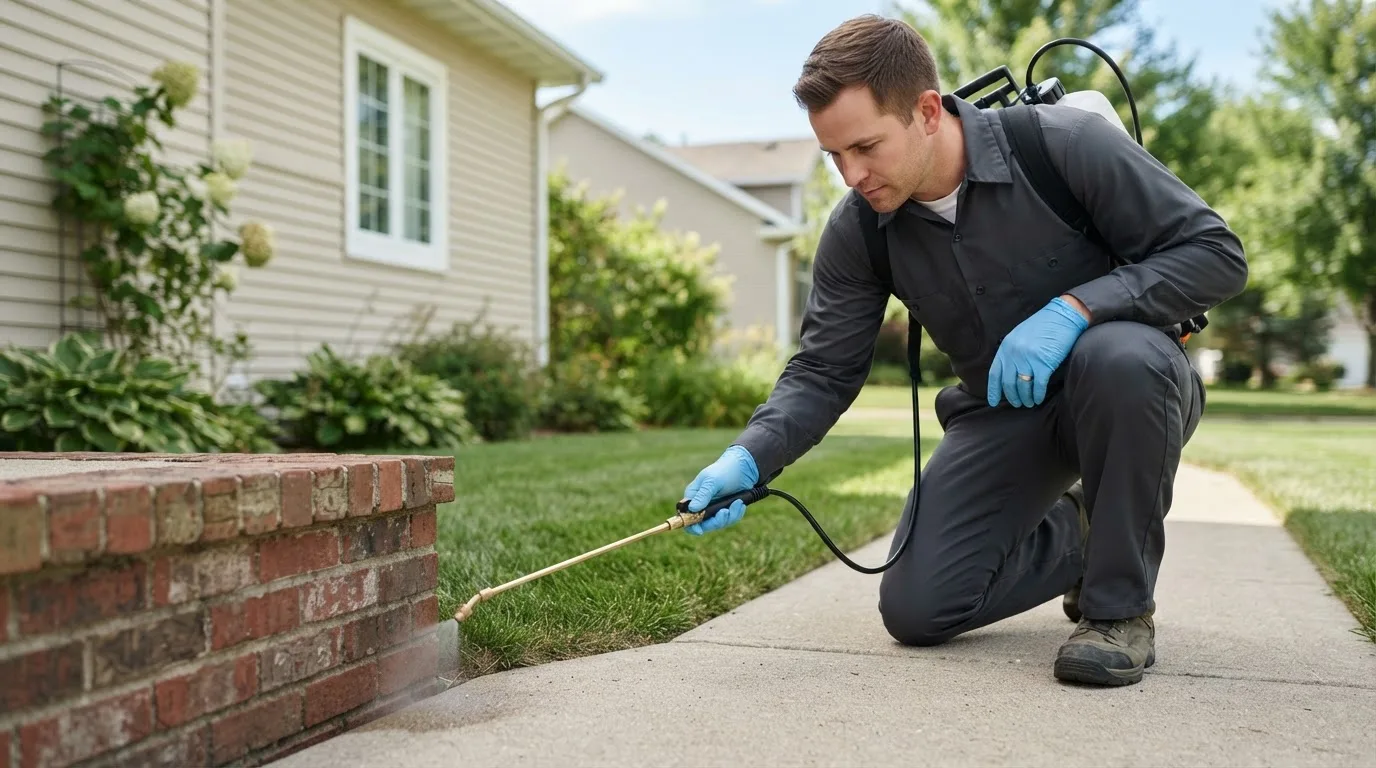 Pest control technician treating a home near Graford, TX