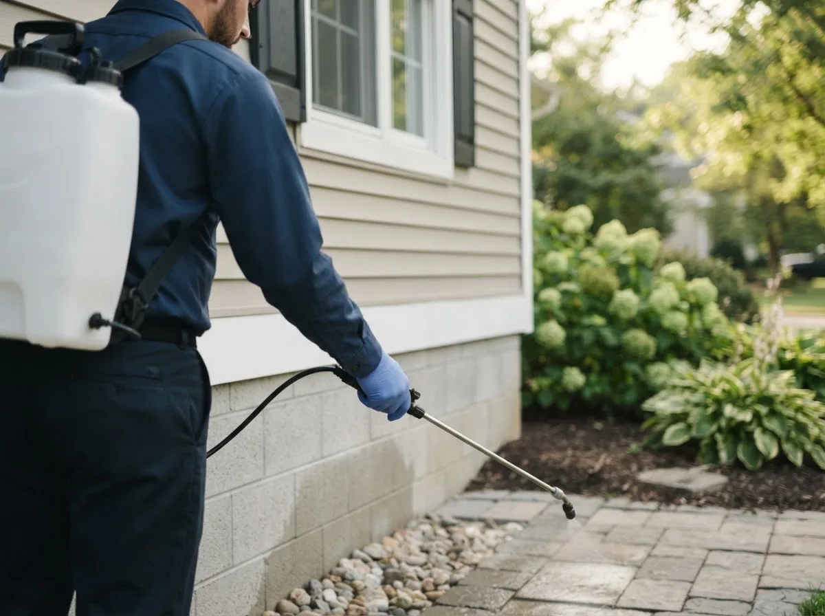 Pest control technician inspecting a home in Graford, TX